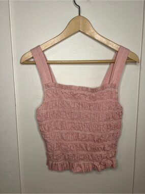 Everlane 100% Cotton Pink Smocked Ruffle Crop Tank Top